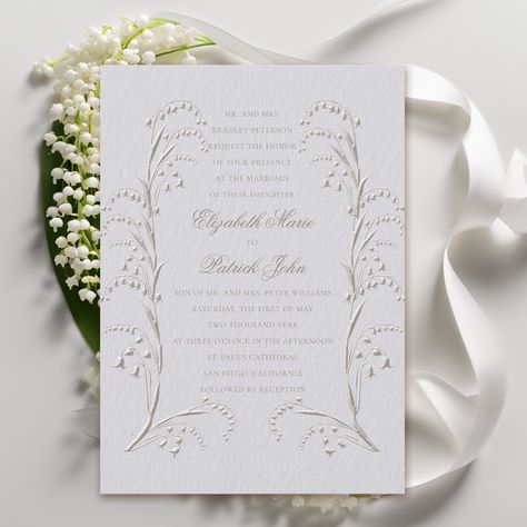 Faux Embossed Lily Valley Ivory Formal Wedding Invitation Gold And Green Wedding Invitations, Lily Valley, Modern Classic Wedding, Embossed Wedding Invitations, Formal Wedding Invitation, Modern Classic Wedding Invitations, Lily Of The Valley Flowers, Traditional Wedding Invitations, Formal Wedding Invitations