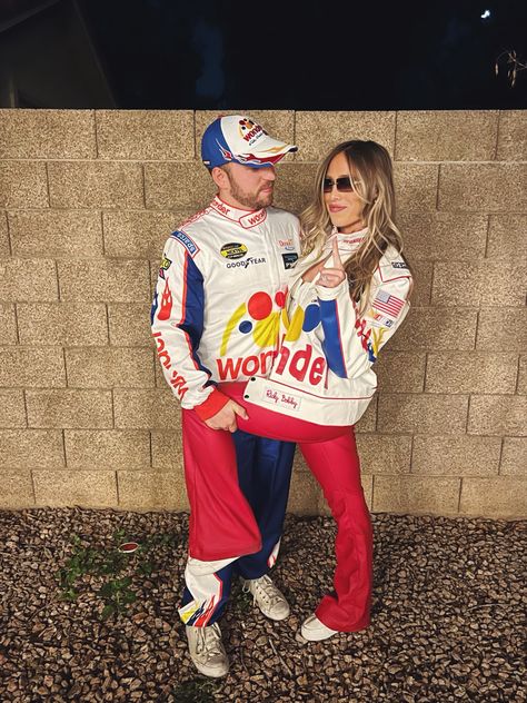 Racing Couple Costume, Talledaga Nights Couples Costumes, Talladega Nights Wife Costume, Carley Bobby Costume, Race Car Drivers Couple Costume, Nascar Halloween Costume Couples, Talladega Nights Costume Couple, Carly Bobby Costume, Couples Halloween Costume Talladega Nights