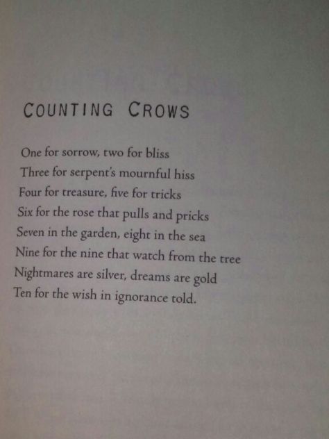 Poem: Counting Crows. Book: Without Tess Crow Poem Foreshadowing, Crow Counting Rhyme, Quotes About Crows, Counting Crows Poem, Crow Omens, Crows Poem, Counting Magpies, Cicada Poem, Crow Counting