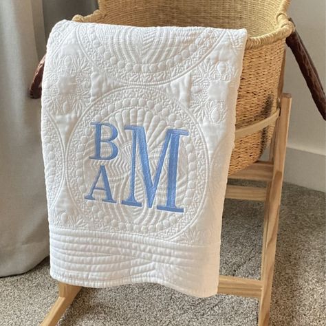 These personalized heirloom style baby quilt make the perfect baby gift with it's scalloped edge and 100% super soft cotton. So beautiful you'll want to display it but it's so soft you'll want baby to use. The monogrammed heirloom style baby quilt measures 46 inches long and 36 inches wide. You may personalize with with a name or monogram. The stacked monogram is very popular for boys. If you prefer something different please feel free to ask ~ I would love to work with you on a custom order! Bl Monogrammed Baby Blanket, Baby Boy Monogram Ideas, Classic Boy Nursery, Baby Monogram Ideas, Monogrammed Baby Quilt, Monogram Blanket, Baby Boy Monogram, Personalized Baby Quilt, Monogram Quilt