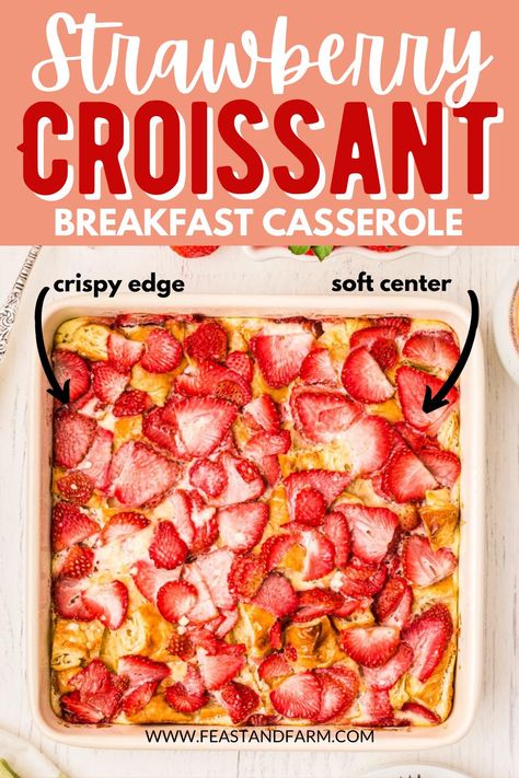 It’s dessert and breakfast! This strawberry croissant breakfast casserole is laced with rich cream cheese, easy to assemble, and delicious to enjoy. Great for a birthday brunch, special occasion, or spring holiday. Brunch Ideas With Croissants, Strawberry Breakfast Casserole, Pink Breakfast Ideas, Easy Vacation Breakfast Ideas, Crossiant Breakfast Recipes, Strawberry Croissant Recipe, Breakfast Casserole With Cream Cheese, Easy Summer Breakfast Ideas, Strawberry Casserole