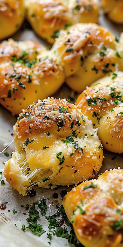 Cheese-Filled Garlic Knots [35 Minutes] – Chasety Rolls With Cheese Inside, Plain Food Recipes, Cheese Stuffed Garlic Knots, Pillsbury Garlic Knots, Winter Snack Recipes, Amazing Looking Food, Food For Husband, Garlic Cheese Balls, Cool Things To Bake