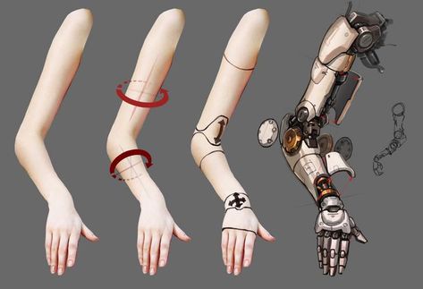 How to draw cybernetic arms - Imgur Mecha Arms Character Design, Metal Arm Drawing Reference, Metal Arm Drawing, Mechanical Arm Drawing, Robot Aesthetic, Modern Cyberpunk, Robot Reference, Puppet Design, Cybernetic Arm