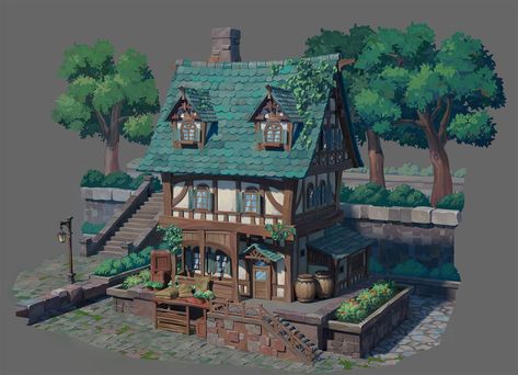 Medieval Mansion Concept Art, Medieval House Exterior, Medieval Houses Minecraft, Medieval House Concept Art, Stylized Building, Fantasy House Concept, Stylized House, Tiny Glade, Theme Park Planning