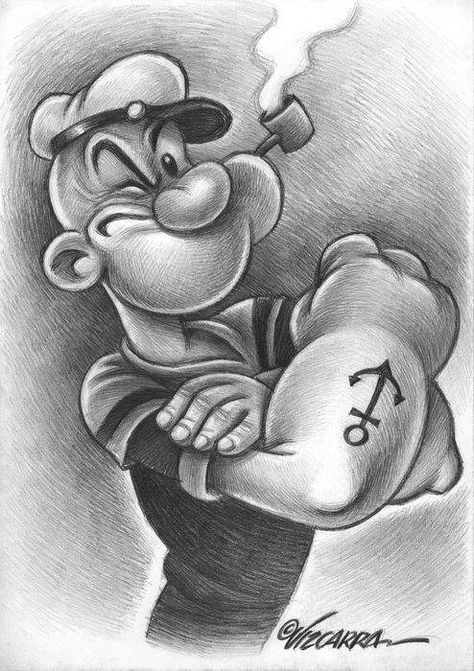 Popeye Tattoo, Cartoon Pencil Drawing, Popeye Cartoon, Dragon Tattoo Ideas, Cartoon Drawings Sketches, Cartoon Art Drawing, Disney Drawings Sketches, Graphite Art, Cartoon Character Tattoos