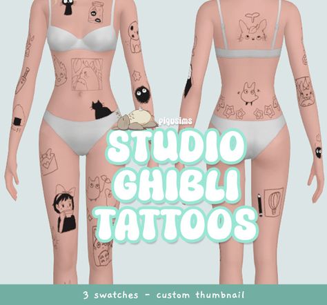 studio ghibli tattoos! Ghibli Tattoos, Cc Makeup, Studio Ghibli Tattoo, Sims Challenge, Female Sims, Sims 4 Tattoos, Sims 4 Piercings, Sims 4 Cas Mods, The Sims 4 Skin