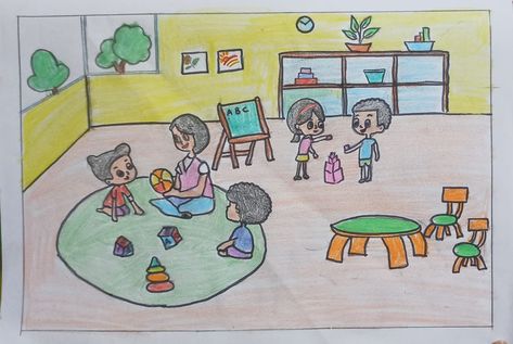 Drawing Of A Classroom, Classroom Drawing, Outer Space Crafts For Kids, Admission Post, Doodle Practice, Outer Space Crafts, Nursery Drawings, Assignment Ideas, Clean Classroom