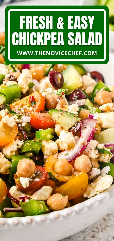 This easy, fresh Chickpea Salad is full of flavor and protein. Chickpeas, fresh veggies, olives, and a homemade vinaigrette combine together for this zesty, bold side dish! Ww Chickpea Salad, Chic Pea Salad, Salad Dressing Recipes Vinaigrette, Summer Suppers, Homemade Vinaigrette, Novice Chef, Colorful Salad, Cold Salads, Olive Salad