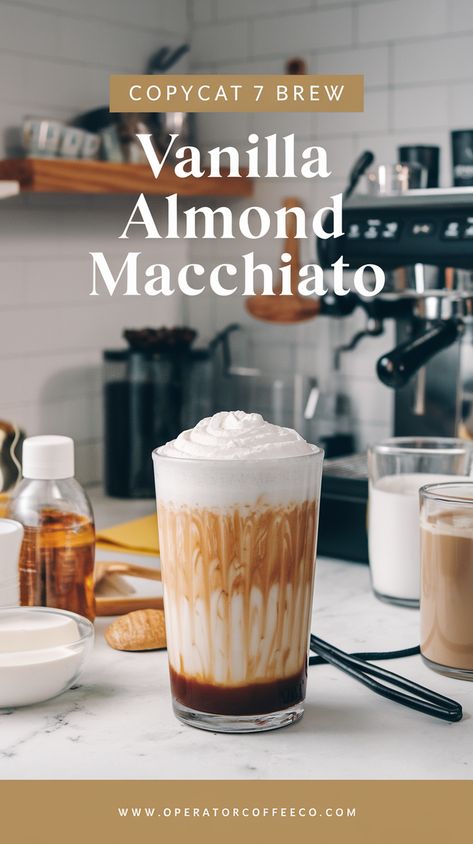 Need a mid-afternoon pick-me-up? ☀️ This 7 Brew Vanilla Almond Macchiato combines the smoothness of almond milk with the sweetness of vanilla syrup, topped with espresso perfection. Hot or iced, it’s a DIY recipe you’ll want to try for every season! 🍂❄️ #7BrewCoffeeRecipes #IcedCoffeeIdeas Coffee Recipes With Almond Milk, Diy Vanilla, Spring Afternoon, Mid Afternoon, Fall Morning, Winter Treats, Vanilla Syrup, Diy Recipe, Vanilla Coffee