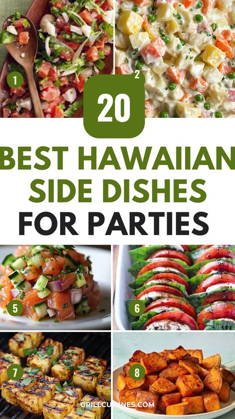 Hosting a Hawaiian dinner party soon? We have the best side dish ideas for you. These Hawaiin side dishes will be the perfect pairing to any meal and are great potluck recipes too. I have shared hawaiian sides recipes with salmon, veggies perfect for burger, chicken, and rice. hawaiian theme sides, Hawaiian Pupu Ideas, Easy Hawaiian Potluck Dishes, Hawaiian Themed Dinner, Hawian Food Sides, Hawaiian Dishes For Party Hawaiian Pupu Ideas, Polynesian Vegetables, Sides For Hawaiian Chicken, Hawaii Pupu Recipes, Hawaiian Chicken Side Dishes, Hawaiian Side Dishes Veggies, Hawaiian Potatoes, Polynesian Food Recipes, Hawaiian Potluck Dishes