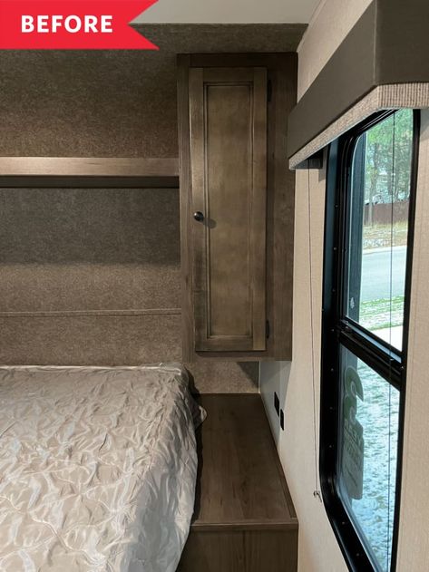 Cozy RV Bedroom Redo for $350 - Before and After Photos | Apartment Therapy Curtain Separation Room Dividers Rv, Rv King Bed Remodel, Rv Bedside Table Ideas, Camper Bedroom Organization, Rv Bedroom Organization, Cozy Rv Aesthetic, Rv Shelf Above Bed, Diy Rv Bedroom Remodel, Rv Nightstand Ideas