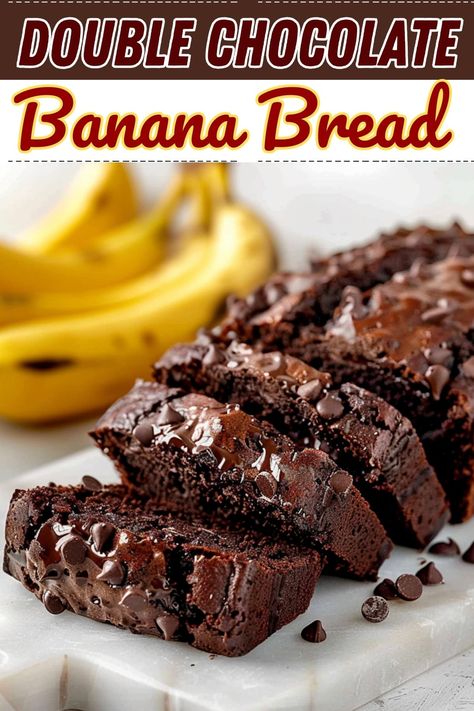 This double chocolate banana bread, with pockets of gooey melted chocolate chips, is a true indulgence that will have you savoring every bite. Chocolate Chocolate Chip Banana Bread, Desert Bread, Double Chocolate Banana Bread Recipe, Melted Chocolate Chips, Double Chocolate Banana Bread, Ripe Banana Recipe, Chocolate Banana Bread Recipe, Baking Breads, Loaf Cakes