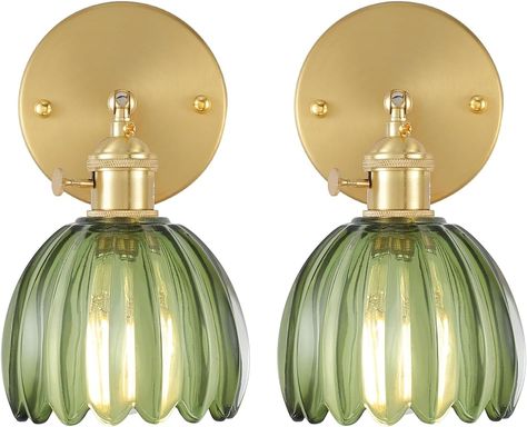 Shenmoyl Vintage Wall Sconces with Green Tulip Glass Lampshade 180 Degree Adjustable Brass Sconces Modern Wall Lighting Fixture with Switch for Bedside Bedroom Doorway - Amazon.com Bedroom Sconces Bedside, Wireless Sconces, Moss Mirror, Masjid Design, Modern Wall Lighting, Home Boho Decor, Entryway Inspo, Art Deco Lights, Southern Style Home