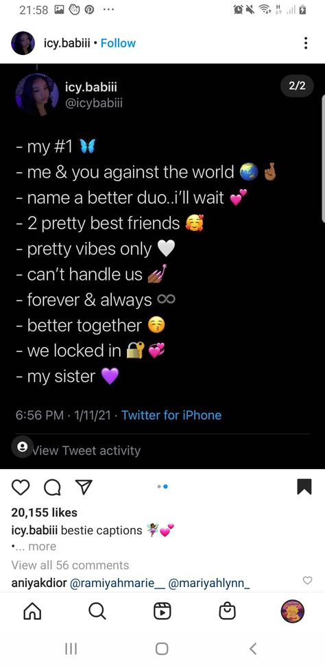 Comments For Gf Insta Post, Matching Bios For Couples Aesthetic, Lesbian Instagram Captions, Comment For Bestie Post, Comments For Besties Post On Instagram, Dance Bios For Instagram, Aesthetic Comments For Bestie, Dinner Ig Caption, Comments For Bff Insta Post