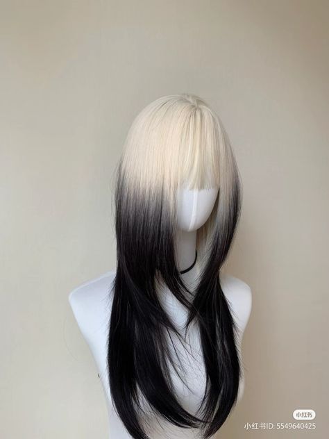 Cool Two Toned Hair, Black And Blonde Hairstyles, White Hair With Black Tips, Blonde To Black, White And Black Hair, Black And White Wig, Black And White Hair, Black White Hair, Cool Hair Designs