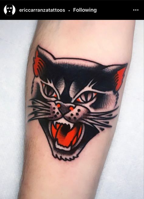 Traditional Cat Tattoo, Cat Face Tattoos, Cat Tattoo Ideas, Traditional Tattoo Inspiration, Black Cat Tattoos, Traditional Tattoo Sleeve, Old School Tattoo Designs, Traditional Tattoo Art, Horror Tattoo