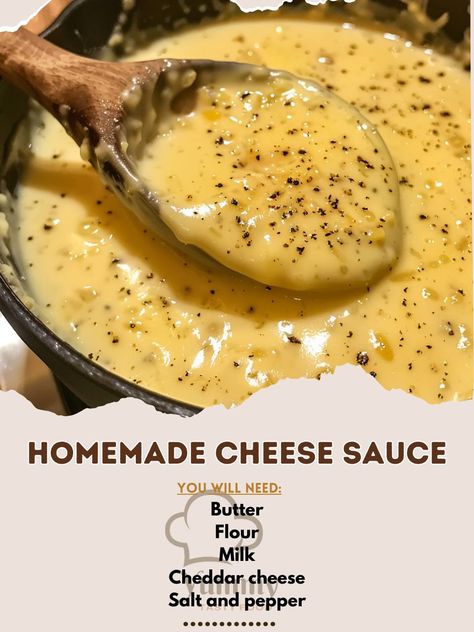 🧀 Make any dish more delicious with Homemade Cheese Sauce! Perfect for dipping or drizzling! 🍟 🍴 Homemade Cheese Sauce 🛒 Ingredients: Butter: 2 tbsp Flour: 2 tbsp Milk: 1 cup Cheddar cheese: 1 cup, shredded Salt and pepper: to taste 👩‍🍳 Instructions: Roux: Melt butter, stir in flour. Add Milk: Gradually add milk, stir until thick. Cheese: Mix in cheddar until melted. Season: Salt and pepper to taste. 🧀 Elevate your meals with this creamy, dreamy cheese sauce. Once you try it, you'll never... Season Salt, Homemade Cheese Sauce, Never Go Back, Homemade Cheese, Cheese Sauce, Melted Butter, Cheddar Cheese, 1 Cup, Salt And Pepper