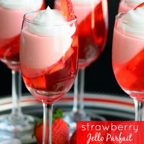 Strawberry Jello Parfait - Family Fresh Meals Valentine Jello Desserts, Fancy Valentines Dinner Kids, Valentines Catering Ideas, Valentines Work Party Ideas, Valentine Dinners For Family, Fancy Galentines Party, Valentines Day Party Food Dinner, Valentine's Day Dinner Family, Valentines Dinners For Kids