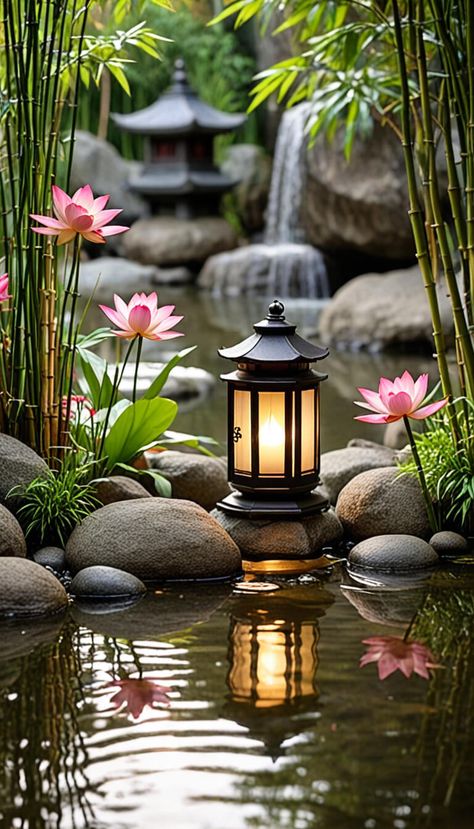 A beautiful Japanese zen garden, Ishi-Dooro lantern - AI creation Japan Garden Zen, Japanese Garden Style, Beautiful Wallpaper Images, Zen Wallpaper, Image Zen, Buddha Tattoo Design, Clip Art Frames Borders, Japanese Zen Garden, Zen Moments