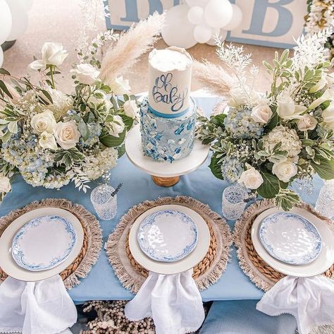 Oh Baby Cake + Guest Table from a Backyard Bohemian Baby Shower on Kara's Party Ideas | KarasPartyIdeas.com Boy Baby Shower Tea Party, Boy Tea Party Baby Shower Ideas, Baby Boy Tea Party Shower Ideas, Classic Baby Boy Shower Ideas, Baby Blue Color Palette, Backyard Bohemian, Bohemian Baby Shower, Baby Shower Theme Decorations, Bohemian Baby