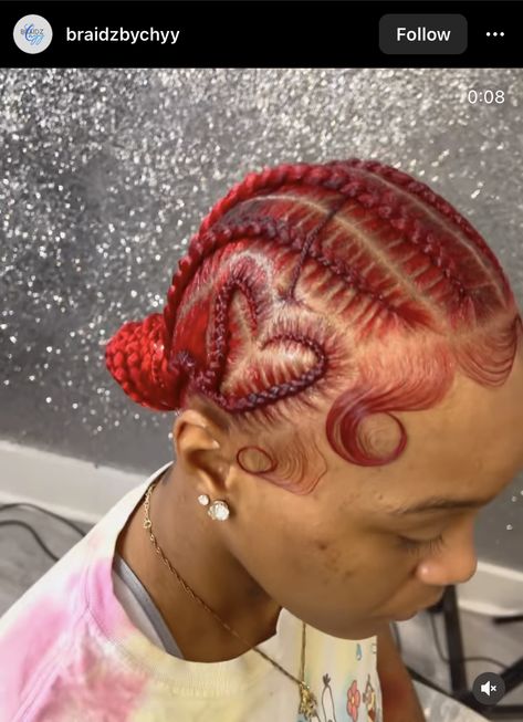 Red Stitch Braids With Heart, Braids To The Back In A Bun, Straight Backs With Design Braids Bun, 6 Stitch Braids With Heart, Stitch Braids With Star, Freestyle Stitch Braids With Bun, Feed In With Heart, 8 Stitch Braids Into Bun, Stitch Braids With Design With Bun