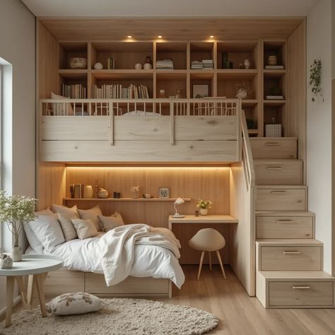 11 Innovative Kid's Room Storage Ideas That Will Wow You Playroom/spare Room, Kids Den Ideas, Creative Bedroom Storage Ideas, Kid Storage Ideas, Kids Loft Bedroom, Small Kids Room Design, Built In Loft Bed, Cubby Storage Ideas, Boys Room Storage