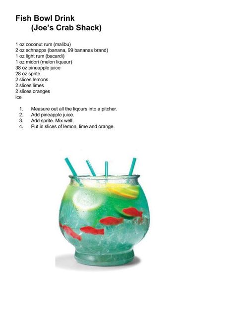 Fish Bowl Drink, Fish Bowl Recipe, Unique Fish Bowls, Copycat Drinks, Fishbowl Drink, Bartender Drinks Recipes, Fun Party Drinks, Joe Crab Shack, Aesthetic Cooking