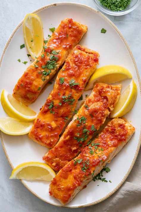 Harissa Glazed Salmon {5 Ingredients!} - FeelGoodFoodie Harissa Salmon Recipe, Feelgoodfoodie Recipes, Sweet Heat Sauce, Harissa Pasta, Spicy Salmon Recipes, Harissa Salmon, Pasta Spicy, Spiced Salmon, Seafood Ideas