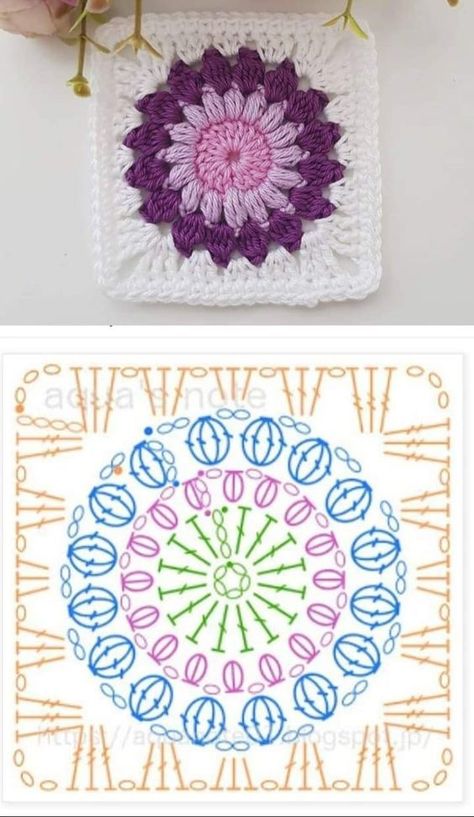 Granny Square Crochet Patterns Free, Crochet Motif Patterns, Crochet Blocks, Pola Sulam, Crochet Square Patterns, Granny Squares Pattern, Crochet Motifs, Granny Square Crochet Pattern, Square Patterns