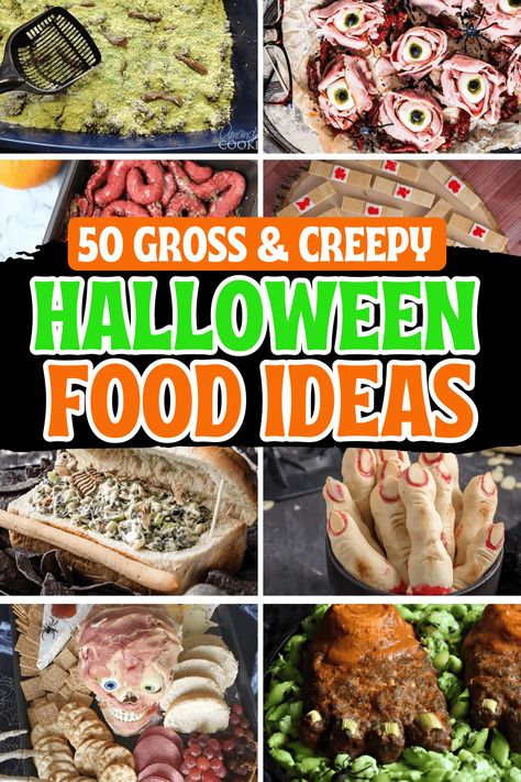 Creepy Halloween food ideas for parties! These creative gross and spooky Halloween recipes include creepy appetizers and finger foods, horror snack ideas, and ghoulish dinners and desserts, perfect for your Halloween menu. Easy scary themed food for adults, creepy food ideas for halloween with skeleton, skull, bloody brain, spooky food ideas creepy halloween, creepy halloween party food, horror food ideas creepy halloween, halloween party food scary, gross halloween foods, halloween party ... Spooky Food Appetizers, Scary Halloween Dessert Ideas, Gross Halloween Snacks, Scary Halloween Desserts Recipes, Halloween Inspired Dinner Recipes, Classic Halloween Food, Scary Halloween Food For Party, Halloween Food Ideas Scary, Halloween Spooky Food Recipes