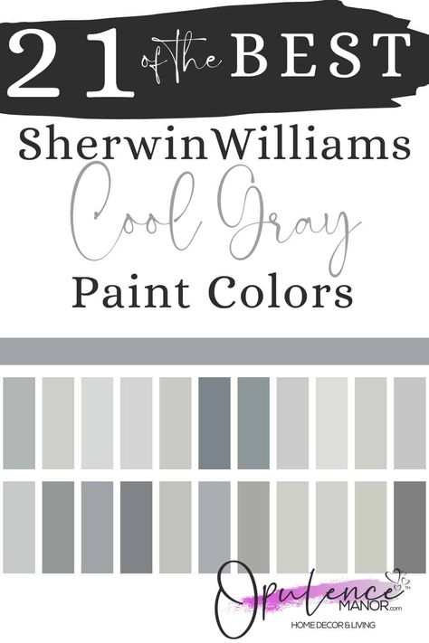 Here are my top 21 picks from Sherwin Williams’ cool gray paint colors. Cool Gray Paint Colors from Sherwin Williams are at the top of the list when it comes to gray paints. It’s safe to say that gray is the perfect neutral paint color. The color gray continues to trend as one of the most popular colors to paint your walls due to its versatility and wide array of undertones. #sherwinwilliams #graypaint @OpulenceManor #designtips #sw7671 #sw7072 Sherman Williams Gray Paint, Passive Gray Sherwin Williams, Cool Gray Paint Colors, Sherwin Williams Popular Gray, Gray Paint Colors Sherwin Williams, Sherman Williams Paint, Silver Grey Paint, Sherwin Williams Paint Gray, Perfect Grey Paint Color