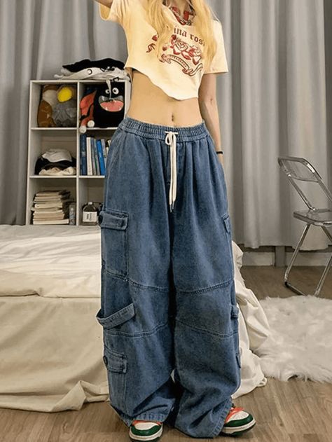 ⚡Buy 2023 Casual Loose Wide Leg Drawstring Jeans Blue L under $53.00 in Jeans at AnotherChill.com Online. Style: Casual/Street/Hip Pop/Vintage/Y2K/Punk. Fabric: Cotton Blend. Fit: Loose. : Elevate your fashion game with these blue washed cargo jeans. Crafted from comfortable cotton blend fabric, they boast a loose fit and functional cargo-style leg pockets. The drawstring tie waist adds a flattering touch, while the stitched seam detail along the leg enhances the overall appeal. Perfect for chic New Jeans Style Outfit, K Pop Style Outfits, New Jeans Aesthetic, Punk Fabric, Pop Clothes, Baggy Cargo Jeans, Cool Girl Outfits, Y2k Punk, Outfit Chic