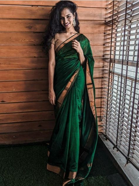 Green Pattu Saree, Graduation Saree, Green Colour Saree, Normal Saree, Sari Photo, Saree Colours, Cotton Dress Indian, Abacus Math, Saree Styling