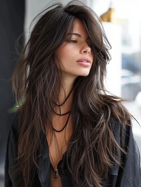 Waist Length Shag Haircut, Long Shag Haircut With Side Part, Long Shag Side Part, Long Shag For Fine Hair, Shag Side Part, Long Shag Haircut Straight Hair, Long Haircut Side Part, Side Part Shag Haircut, Braids For Ladies