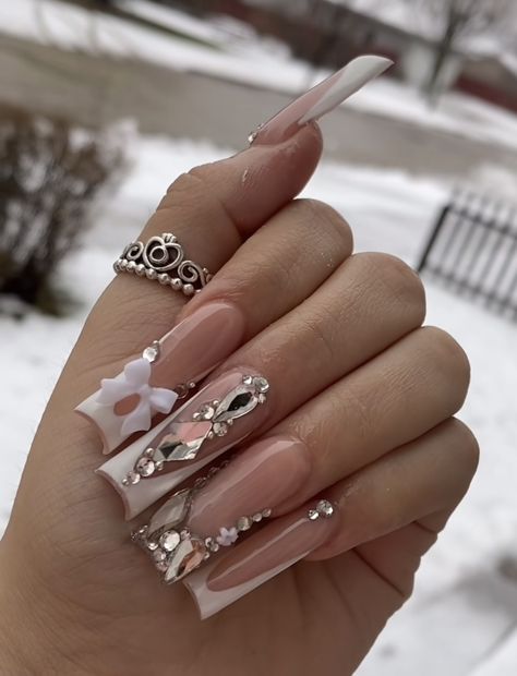 Square Acrylic Nails Heart, White Nails With Bling, Extra Bling Nails, Long Bling Acrylic Nails, Acrylic Nails Gems, Bling Out Nails, White Square Acrylic Nails, Classy Long Nails, White Bling Nails