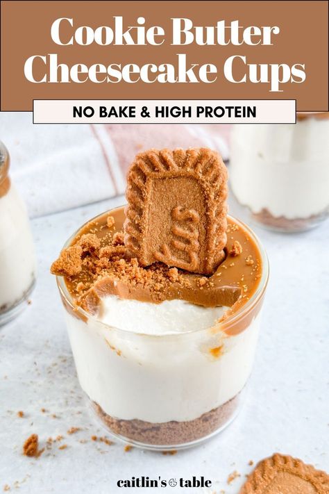 Check out these high protein cookie butter cheesecake cups! This quick and easy no bake cheesecake filling is made with cottage cheese, greek yogurt, maple syrup and vanilla extract. Top with a delicious lotus biscoff cookie and enjoy this mini dessert cup. Find this high protein cookie butter cheesecake cups and more easy treats on the blog. Calorie Friendly Desserts, Low Calorie High Protein Sweets, Low Calorie Biscoff Recipes, Easy Protein Desserts Healthy, No Bake Cookie Butter Cheesecake, Low Cal Protein Desserts, Protein Sweet Treats, Low Cal High Protein Dessert, Protein Cheesecake Pudding