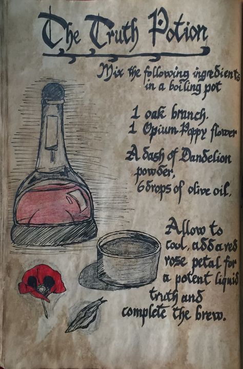 This is a a fake page of an art project do not copy Fake Witch Spells, Fake Spell Book, Truth Spell Jar, Magic Spells Art, Truth Potion, Witch Spells, Potions Recipes, Witchcraft Spells For Beginners, Charmed Book Of Shadows