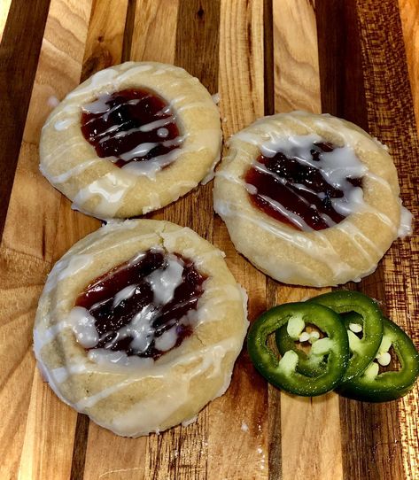 Cherry Jalapeno Thumbprint Cookies - Beat Your Neighbor Raspberry Jalapeno Jam Over Cream Cheese, Cherry Jalapeño Jam, Savory Thumbprint Cookies Pepper Jelly, Cranberry Jalapeno Jam Food Nanny, Jam Cookies Thumbprint, Recipes For Cookies, Traditional Cookies, Cookies Dough, Jalapeno Jam