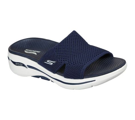 Shop the Skechers GOwalk Arch Fit - Worthy | SKECHERS Skechers Shoes Women, Skechers Sandals, Skechers Go Walk, Womens Slides Sandals, Beach Slippers, Wide Shoes, Womens Slides, Skechers Women, Slipper Sandals