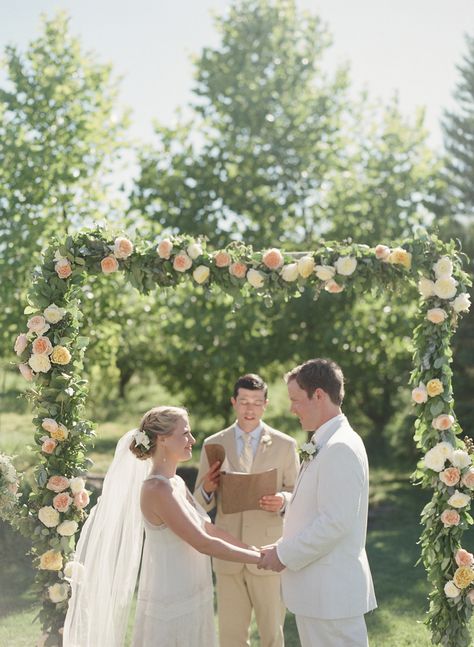 A tall iron gazebo at the front of the aisle will be adorned with wild smilax vine, silver dollar eucalyptus, ivory stock flowers, peach hypericum berries, white dahlias and peach garden roses scattered throughout. Smilax Vine, Peach Hypericum, Iron Gazebo, Stock Flowers, Peach Garden, Gazebo Ideas, Dollar Eucalyptus, Hypericum Berries, Orchard Wedding