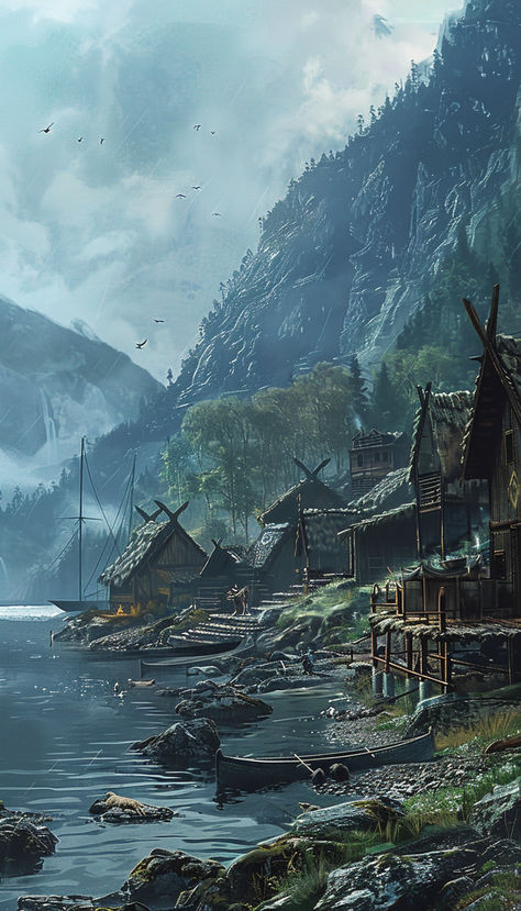 Viking Village Setting Viking Fantasy Art Landscape, Nordic Village Concept Art, Viking Age Aesthetic, Viking Landscape Art, Viking Castle Art, Viking Village Art, Viking Fantasy Aesthetic, Fantasy Viking City, Viking Village Aesthetic