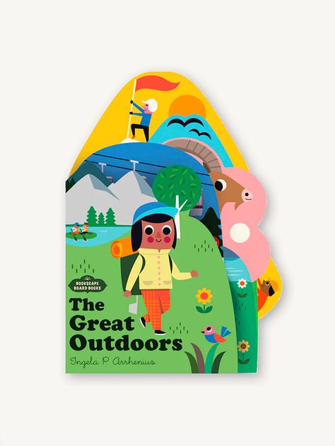 Gear up for baby's first wilderness adventure with this adorable board book all about the great outdoors! Hike beside mountain lakes, pedal down rocky hillsides, and swoop across snowy ski slopes in this one-of-a-kind board book by celebrated illustrator Ingela P Arrhenius. Each uniquely shaped page overlaps with the next to create a complete landscape when closed—and an immersive world to explore when open. Simple text and vibrant illustrations introduce babies and toddlers to the many ways of Mountain Character, Unique Book Design, Board Book, Children's Books, Outdoor Illustration, Children’s Book, Forest Gift, Board Books For Babies, Children's Book Characters