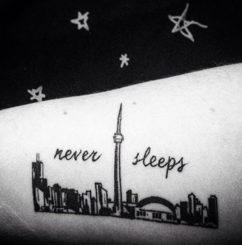 Toronto skyline tattoo never sleeps #toronto #tattoo #skyline #city #skylinetattoo #neversleeps Toronto Skyline Tattoo, Toronto Tattoo, Skyline Tattoo, Toronto Skyline, Never Sleep, Deathly Hallows Tattoo, Triangle Tattoo, Tatting, Aesthetic Wallpapers