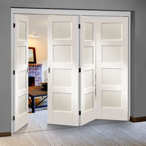 Free fold White Shaker 4 Panel Style Folding 4 Door Set, Height 2090mm, Width 2502mm. #whiteshakerdoors #internalfoldingdoors #whitefoldingdoors Folding Door Makeover, Modern Patio Doors, Sliding Door Room Dividers, Internal Folding Doors, Folding Doors Interior, Door Dividers, Internal Wooden Doors, Sliding Folding Doors, Interior Design Contemporary