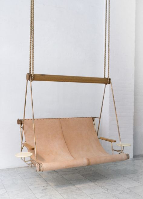 Hanging Chair Indoor, Hanging Beds, Indoor Swing, Polished Wood, Swing Design, Bronze Frame, Swing Chair, Boutique Interior, Wood Polish