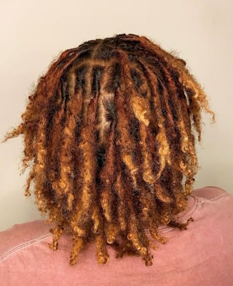 Carmel Brown Locs, Blonde And Copper Locs, Dark Auburn Locs Black Women, Auburn Hair Color On Black Women Locs, Tinted Dreadlocks Black Women, Ombre Ginger Locs, Ginger And Honey Blonde Locs Black Women, Ombre Locs Dreadlocks Black Women, Copper Colored Locs Black Women