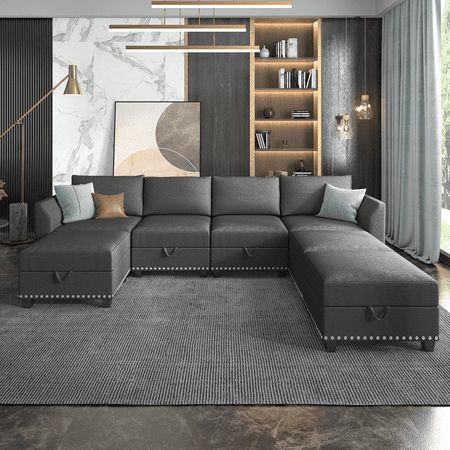 Brand:Mjkone Color:Dark Grey Room Type:Living Room, Bedroom Item Weight:263.5 Pounds Seat:7-Seater Sofa Style:Modern Sectional Sofa Material:Wood+Linen Size: 7-seat sofa.  Color: Gray. Couches Living, Contemporary Sectional Sofa, Sofa Bed Frame, Convertible Couch, U Shaped Sectional Sofa, Couch With Chaise, Couch With Ottoman, High Quality Sofas, Couch Set