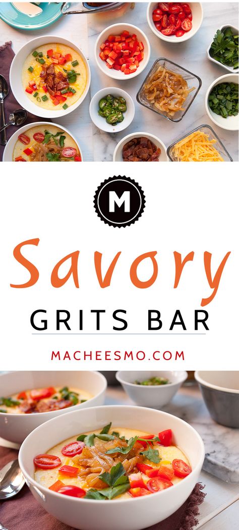 Savory Grits Bar: This is my favorite brunch for a crowd. Make a big batch of grits and set out a spread of delicious toppings! Guests can make their own bowls and the varieties are endless. Check out the comments for reader suggestions! Grit Bar Toppings, Grits Bar Toppings, Grits Bar Ideas, Gothic Recipes, Savory Grits Recipe, Grit Bar, Grits Bar, Easy Dinner Recipes Indian, Savory Grits