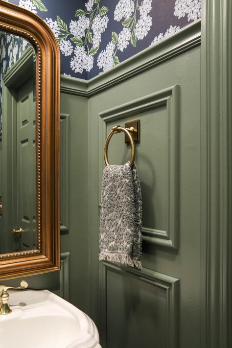 Green Powder Room, Calke Green, Beaux Arts Architecture, Traditional Powder Room, Hydrangea Wallpaper, Powder Room Remodel, Powder Room Makeover, Brass Light Fixture, Powder Room Decor