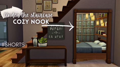 Sims 4 Staircase, Sims Conversation Pit, Sims 4 Nook Ideas, Sims 4 Staircase Ideas, Sims Stairs Ideas, Ts4 Cc Bedding, Sims 4 Cc Under Stairs, Sims 4 Under Stairs Ideas, Sims 4 Reading Nook